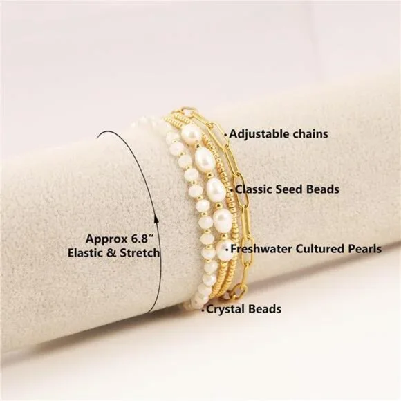 Dainty Gold Plated Pearl Crystal Beaded Bracelets Set for Women 14K Gold Plated - Picture 2 of 7